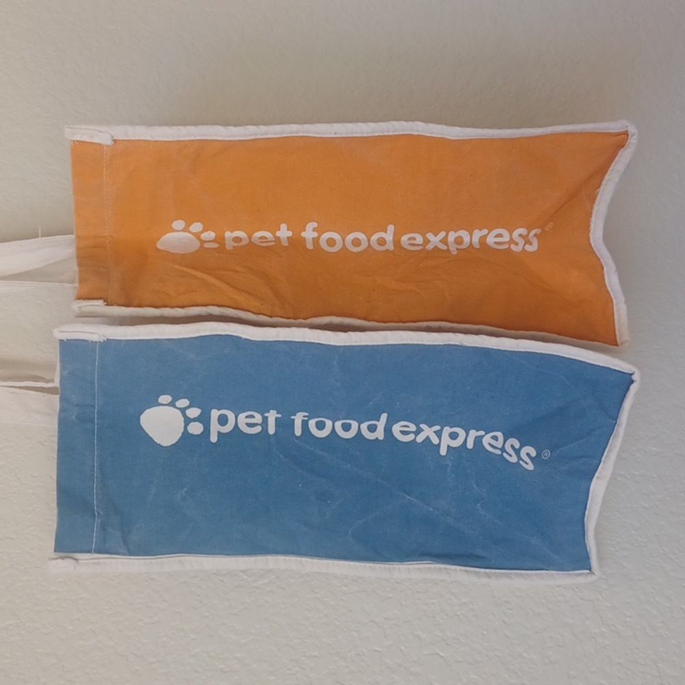 3/$25 Pet Food Express Canvas Tote Bag Cat & Dog Image, Off White Blue Orange - Picture 6 of 14